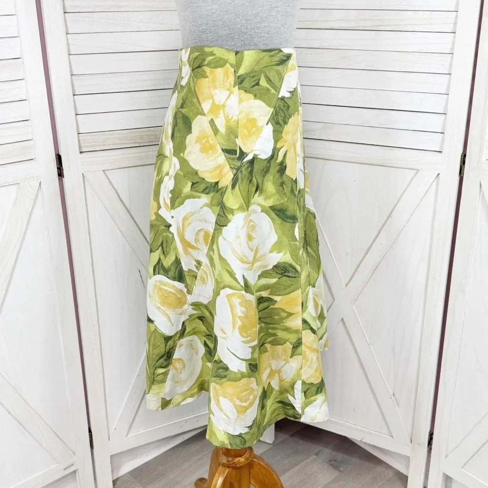 Premise Floral Roses Linen Blend A Line Flare Midi Skirt Lime Green Yellow 4‎